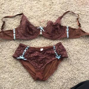 Chocolate Bra and panty set in with light blue ribbon, lace and mesh set!